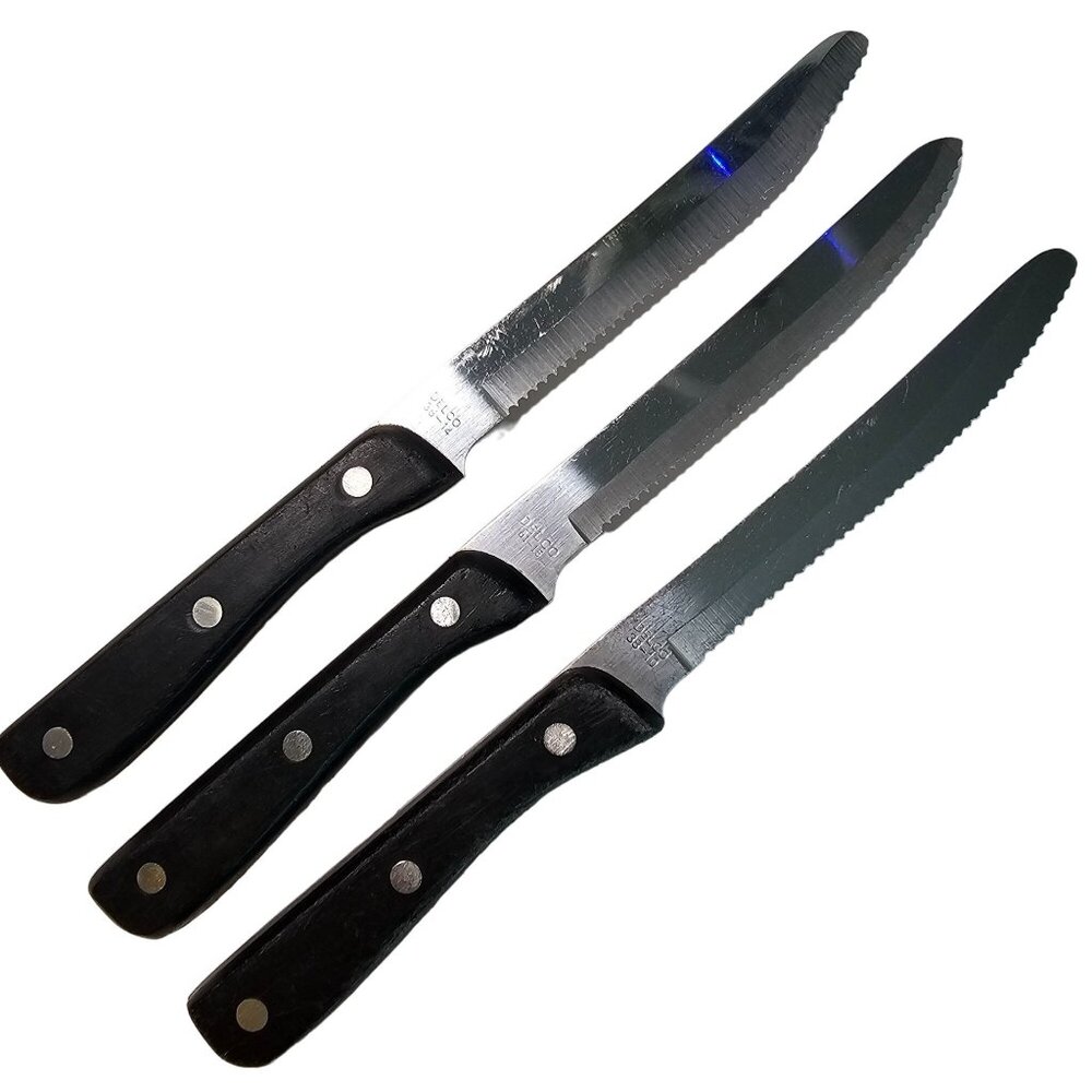 Delco Stainless Steel Serrated Steak Knives Set Of 3 Black Handle